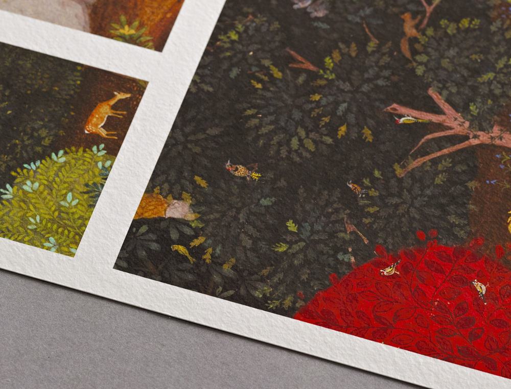 Pet Portraits Commissions 3 Colorful nature illustration featuring a deer and various small animals hidden among lush green foliage and vibrant red plants, showcasing intricate details of forest life.