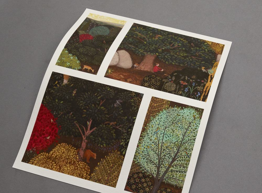 Products In Real Life 12 Artistic collage featuring four vibrant illustrations of forest scenes, showcasing diverse trees, wildlife, and people interacting with nature. The artwork highlights intricate details and rich colors, emphasizing the beauty of woodland environments. Ideal for nature art enthusiasts and decor.
