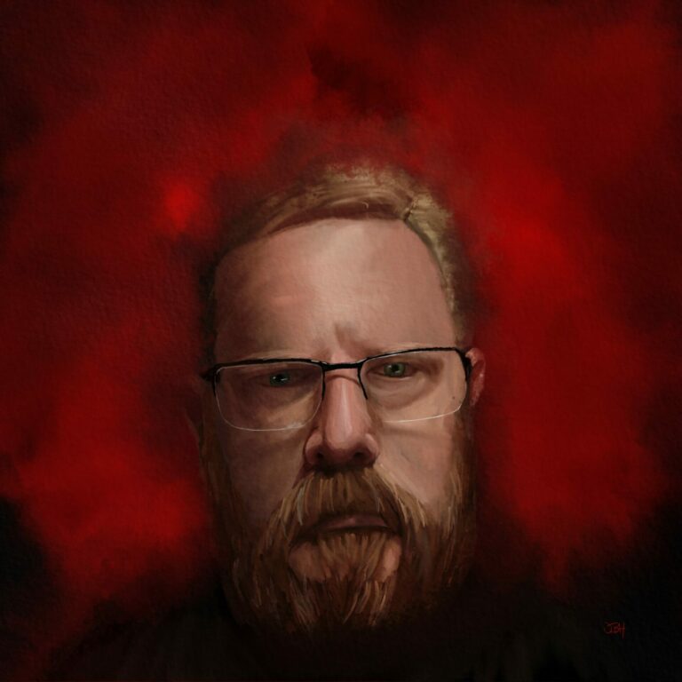 A moody self portrait painting in watercolour