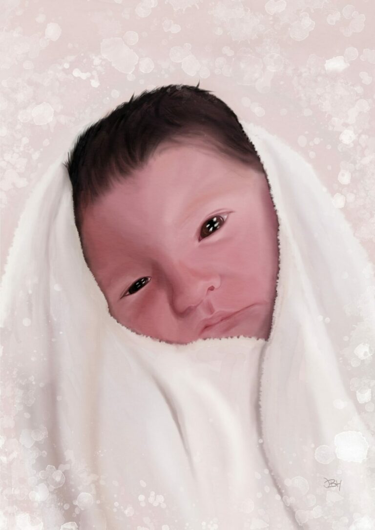 A painting of a new born baby wrapped up in a blanket