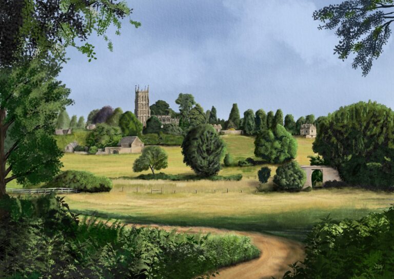 A picturesque countryside scene featuring a lush green landscape with a distant church tower, surrounded by trees and quaint buildings. The foreground includes a winding dirt path leading through fields, creating a serene rural atmosphere under a partly cloudy sky.